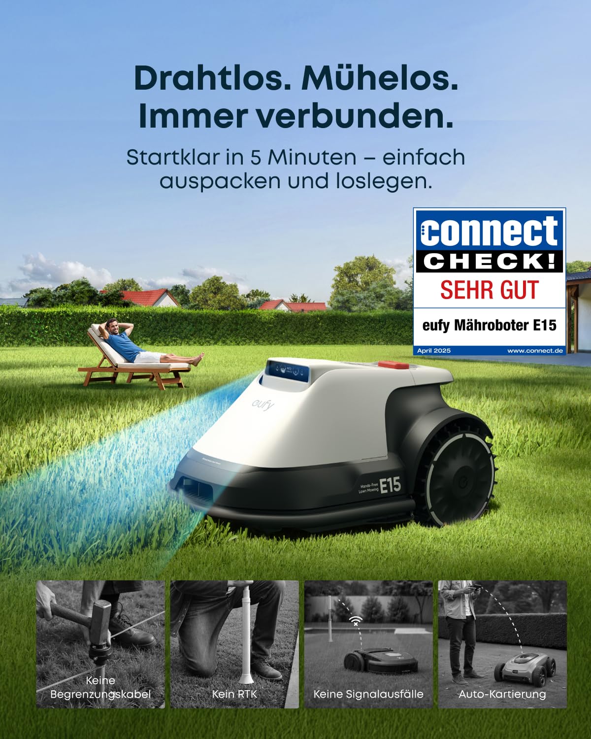 eufy E15 Mähroboter ohne Begrenzungskabel, Keine Signalausfälle, Kein RTK, TrueVision Technologie, Smart-Navigation, Garten bis 800m², Präzisionsrandschnitt, Hindernisvermeidung, App-Steuerung