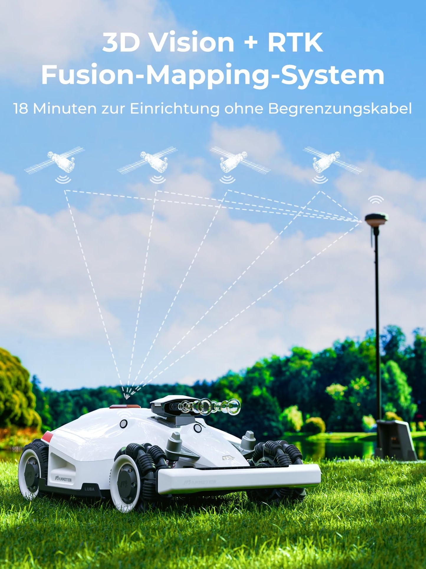 MAMMOTION LUBA 2 AWD 3000 Rasenmäher Roboter (2024 Version), Mähroboter ohne Begrenzungskabel für Rasenflächen bis 3000 m², 3D Vision+RTK Fusion-Mapping, 80% Steigung, Schnitthöhe 25-70mm