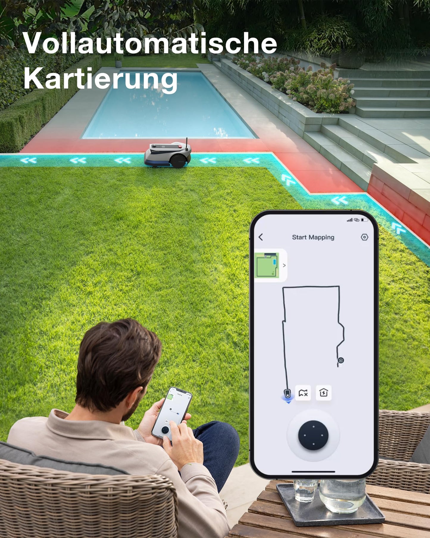 ECOVACS GOAT G1-800 Mähroboter 800㎡ ohne Begrenzungskabel, vollautomatischer kartierender Rasenroboter, Ultra-Weitband+Vision+GPS-Positionierung, 16-Zonen-Management, intelligente Hindernisvermeidung