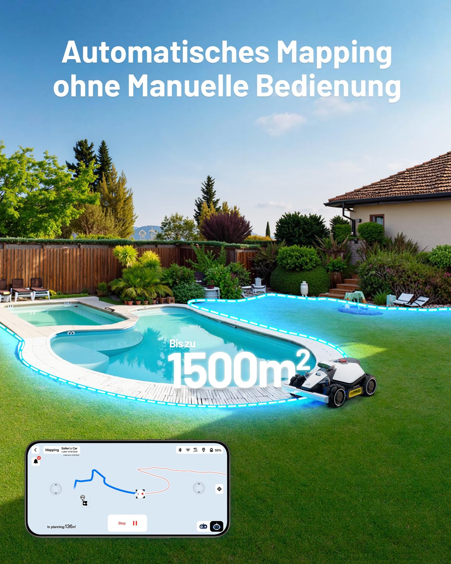 MAMMOTION LUBA Mini AWD 1500 Mähroboter ohne Begrezungskabel, NetRTK+Vision, Keine RTK-Antenne erforderlich, Auto-Kartierung, Empf. 1500m², Max. 1800m², mit 4G-Modul, 80% Steigung