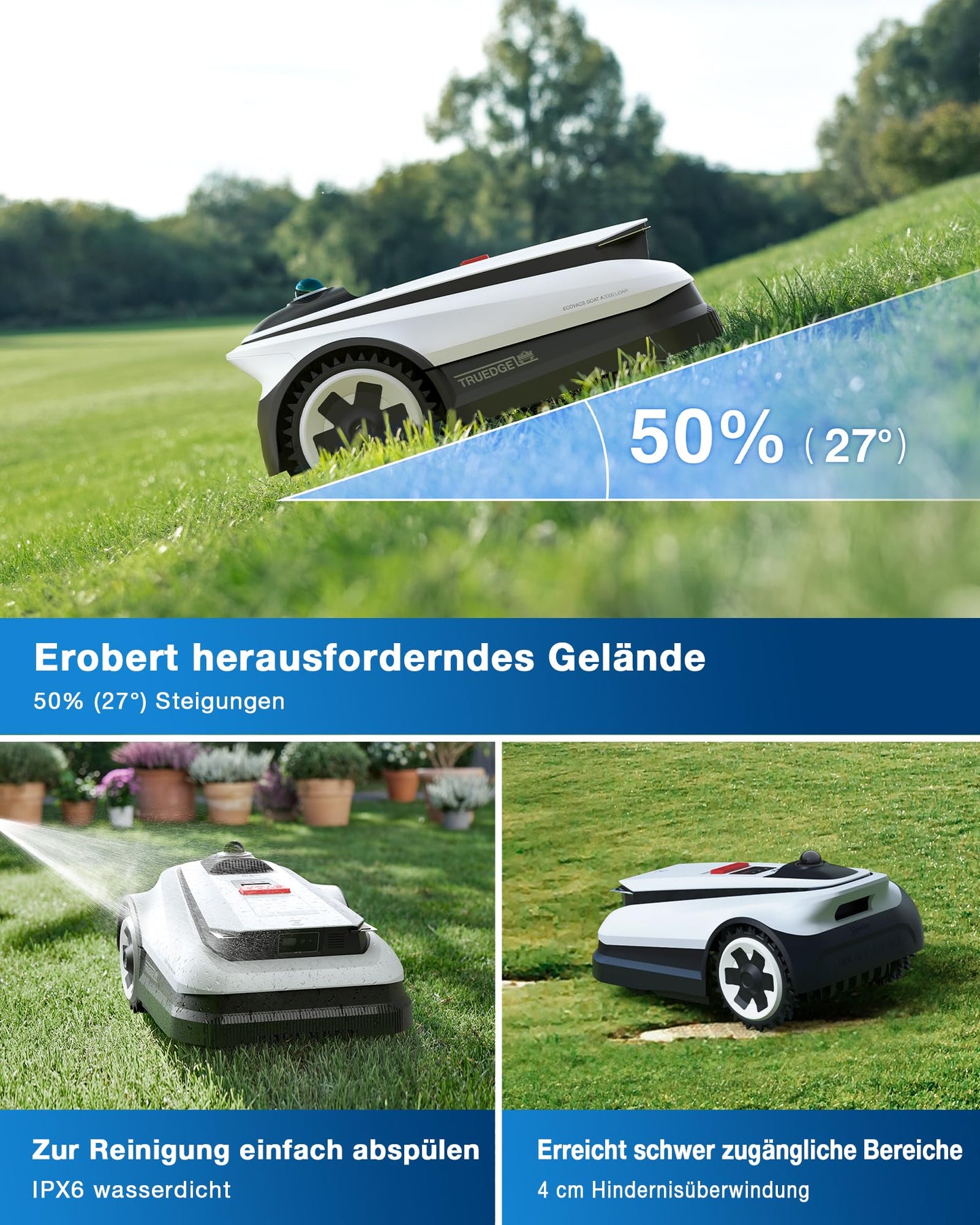 ECOVACS Goat A3000 LiDAR Mähroboter ohne Begrenzungskabel, 3000 m², Dual-LiDAR Navigation, 330 mm Schnittbreite, Rasenmäher Roboter, 45 min Schnellladung, 100W Schnitteistung, präzises Kantenmähen