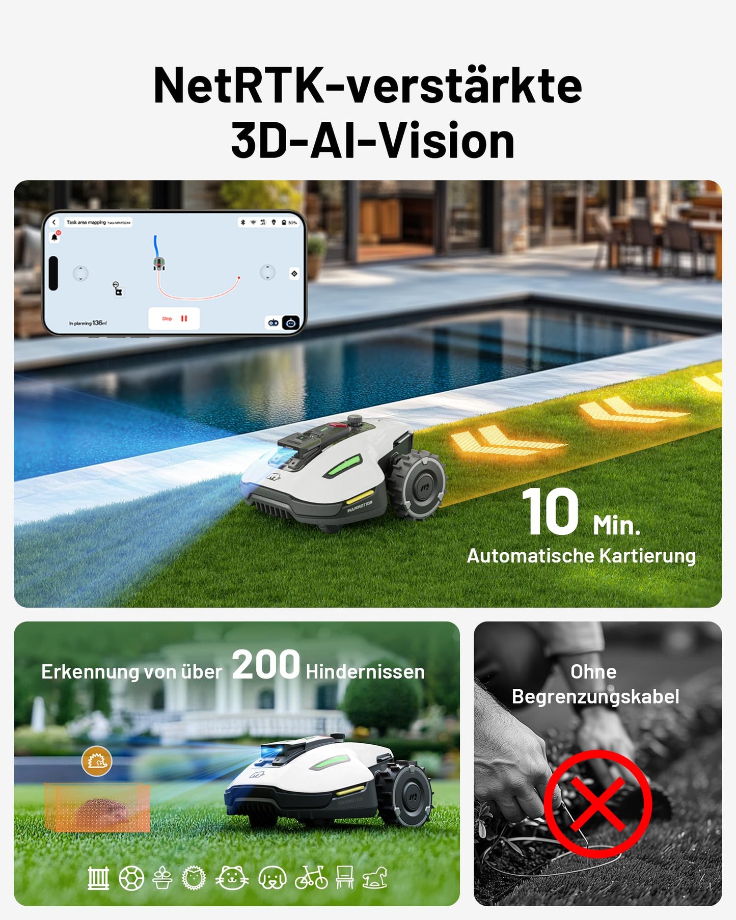 MAMMOTION YUKA Mini 500 Mähroboter ohne Begrenzungskabel, NetRTK+Vision, Keine RTK-Antenne erforderlich, Auto-Kartierung, Empf. 500m², Max. 700m², mit 4G-Modul, 50% Steigung
