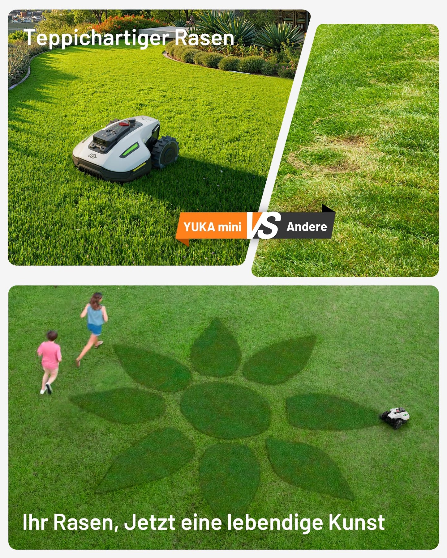MAMMOTION YUKA Mini 500 Mähroboter ohne Begrenzungskabel, NetRTK+Vision, Keine RTK-Antenne erforderlich, Auto-Kartierung, Empf. 500m², Max. 700m², mit 4G-Modul, 50% Steigung