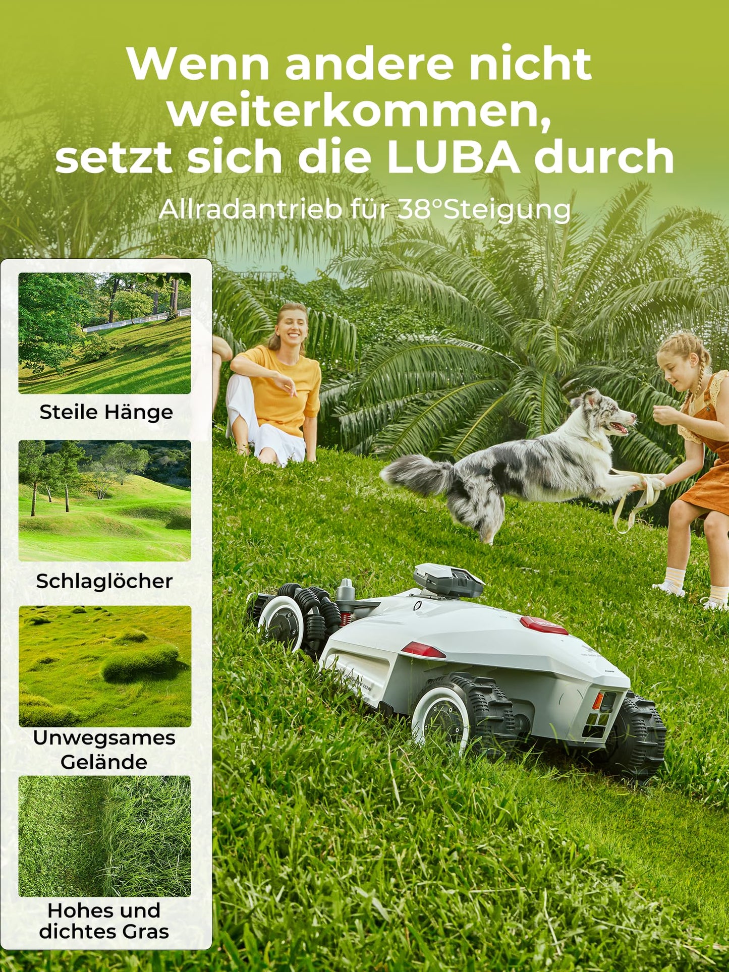 MAMMOTION LUBA 2 AWD 3000 Rasenmäher Roboter (2024 Version), Mähroboter ohne Begrenzungskabel für Rasenflächen bis 3000 m², 3D Vision+RTK Fusion-Mapping, 80% Steigung, Schnitthöhe 25-70mm