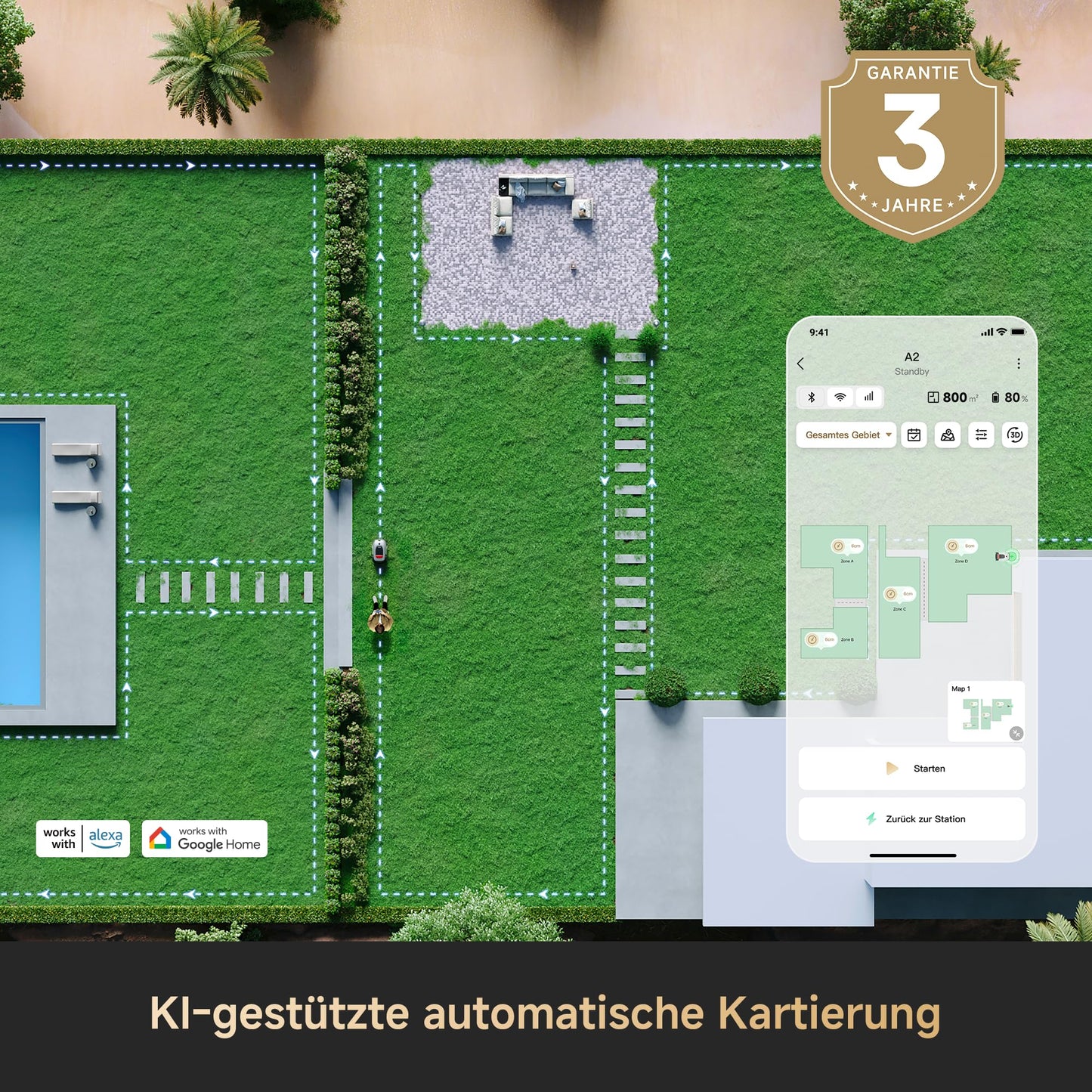 DREAME Mähroboter A2, Auto-Begrenzungseinrichtung,3000 m²,Dual-Fusion-Kartierung, OmniSense-2.0-Hindernisvermeidung, EdgeMaste-Schneidsystem, Leiser Nabenmotor, Steigung bis 26,5°, Smart-App-Steuerung
