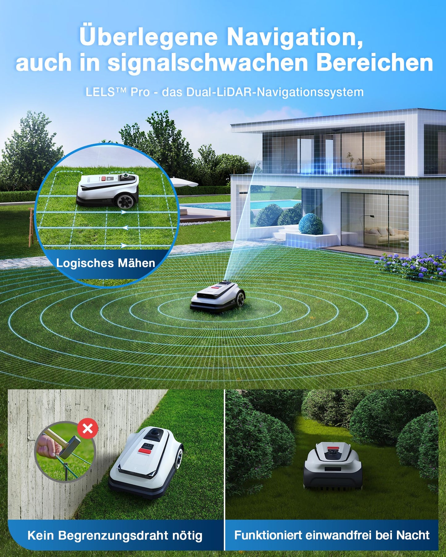 ECOVACS Goat A3000 LiDAR Mähroboter ohne Begrenzungskabel, 3000 m², Dual-LiDAR Navigation, 330 mm Schnittbreite, Rasenmäher Roboter, 45 min Schnellladung, 100W Schnitteistung, präzises Kantenmähen