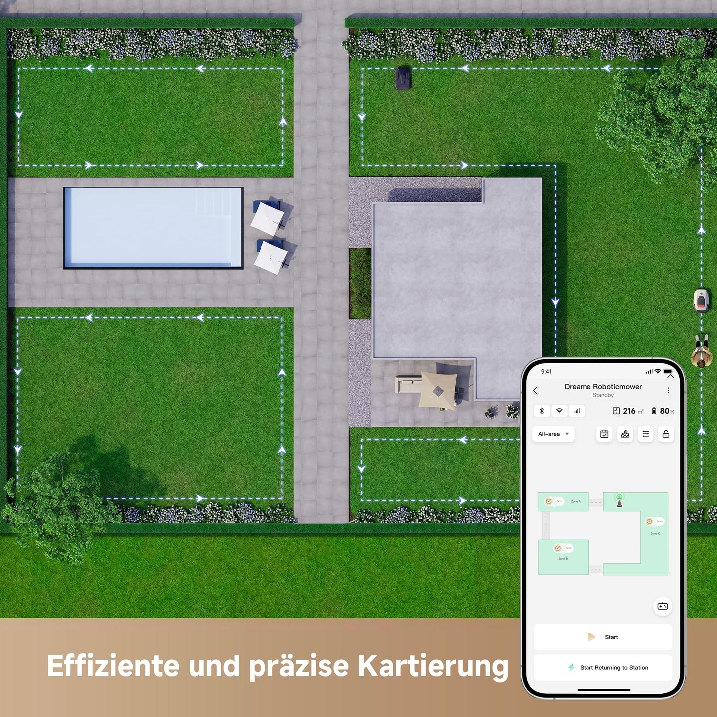 DREAME Intelligenter Mähroboter A1 Pro, Drahtloser Umfang Mähroboter, 2000m², App-Steuerung, OmniSense™ Technologie, Intuitive Zonenverwaltung, Intelligente Hindernisvermeidung, Offroad-Reifen