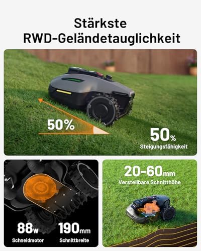 MAMMOTION YUKA Mini 700 Mähroboter ohne Begrenzungskabel, NetRTK+Vision, Keine RTK-Antenne erforderlich, Auto-Kartierung, Empf. 700m², Max. 1100m², mit 4G-Modul, 50% Steigung