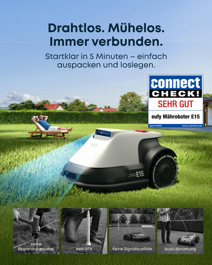 eufy E15 Mähroboter ohne Begrenzungskabel, Keine Signalausfälle, Kein RTK, TrueVision Technologie, Smart-Navigation, Garten bis 800m², Präzisionsrandschnitt, Hindernisvermeidung, App-Steuerung