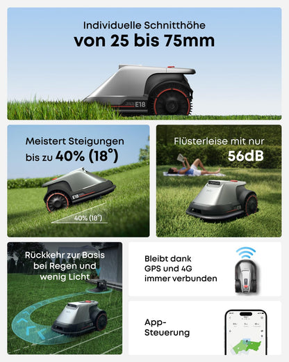 eufy E18 Mähroboter ohne Begrenzungskabel, Keine Signalausfälle, Kein RTK, TrueVision Technologie, GNSS System, Garten bis 1200m², Präzisionsrandschnitt, Hindernisvermeidung, App-Steuerung