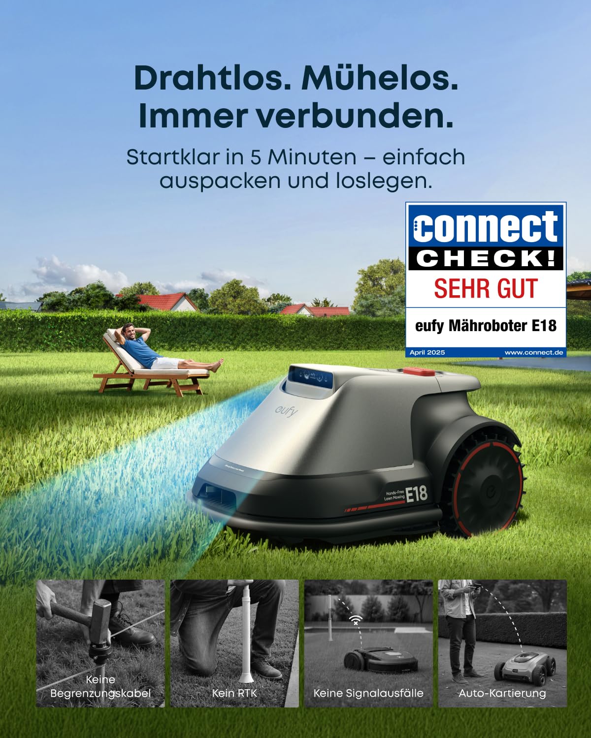 eufy E18 Mähroboter ohne Begrenzungskabel, Keine Signalausfälle, Kein RTK, TrueVision Technologie, GNSS System, Garten bis 1200m², Präzisionsrandschnitt, Hindernisvermeidung, App-Steuerung
