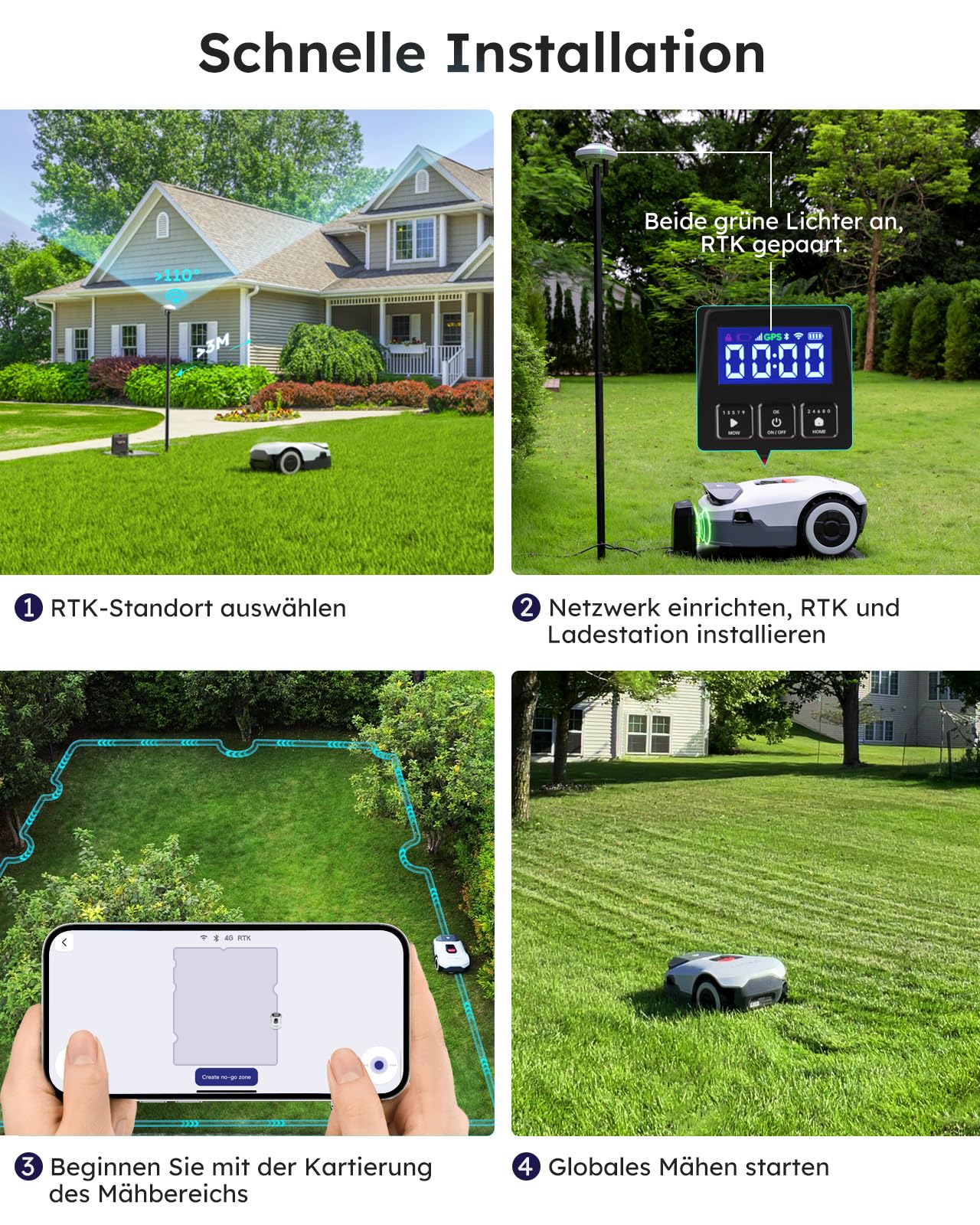 ANTHBOT KI Drahtloser Mähroboter ohne Begrenzungskabel Max. 900m², Full Frequenzband RTK+4-Kamera-Vision Rasenmäher Roboter ohne Kabel, Mehrzonen-Management, Hindernisvermeidung Rasenroboter -Genie600