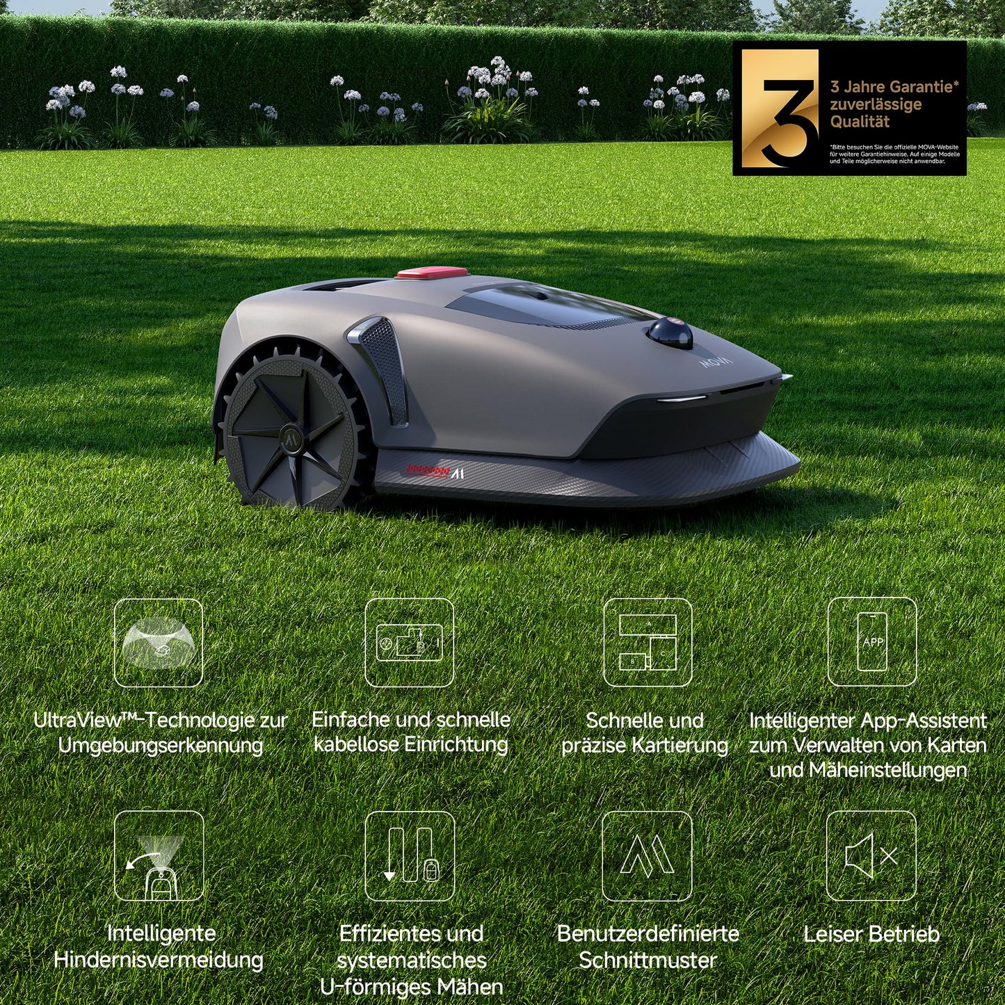 MOVA 600, Rasenmäher Roboter 3D-LiDAR kabellose Einrichtung & genaue Kartierung bis 600 m², Smarte Hindernisvermeidung, App-Steuerung, U-förmiges Schneiden, Leiser Betrieb, Sicherheitswarnungen